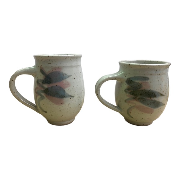 Handthrown Artisan Pottery Mugs Pastel Leaf Swirl Speckled Stone Boho Country - Picture 7 of 10